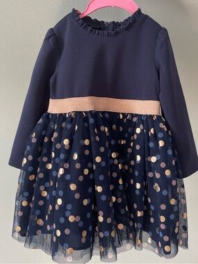 Bonnie Baby Navy Dress with Rose Gold and Light Blue Polka Dots